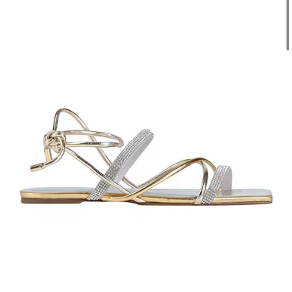 Arezzo Flat Lace Up Sandals Size 8.5 Nwt Gold Rhinestone Leather — image 2 of 5